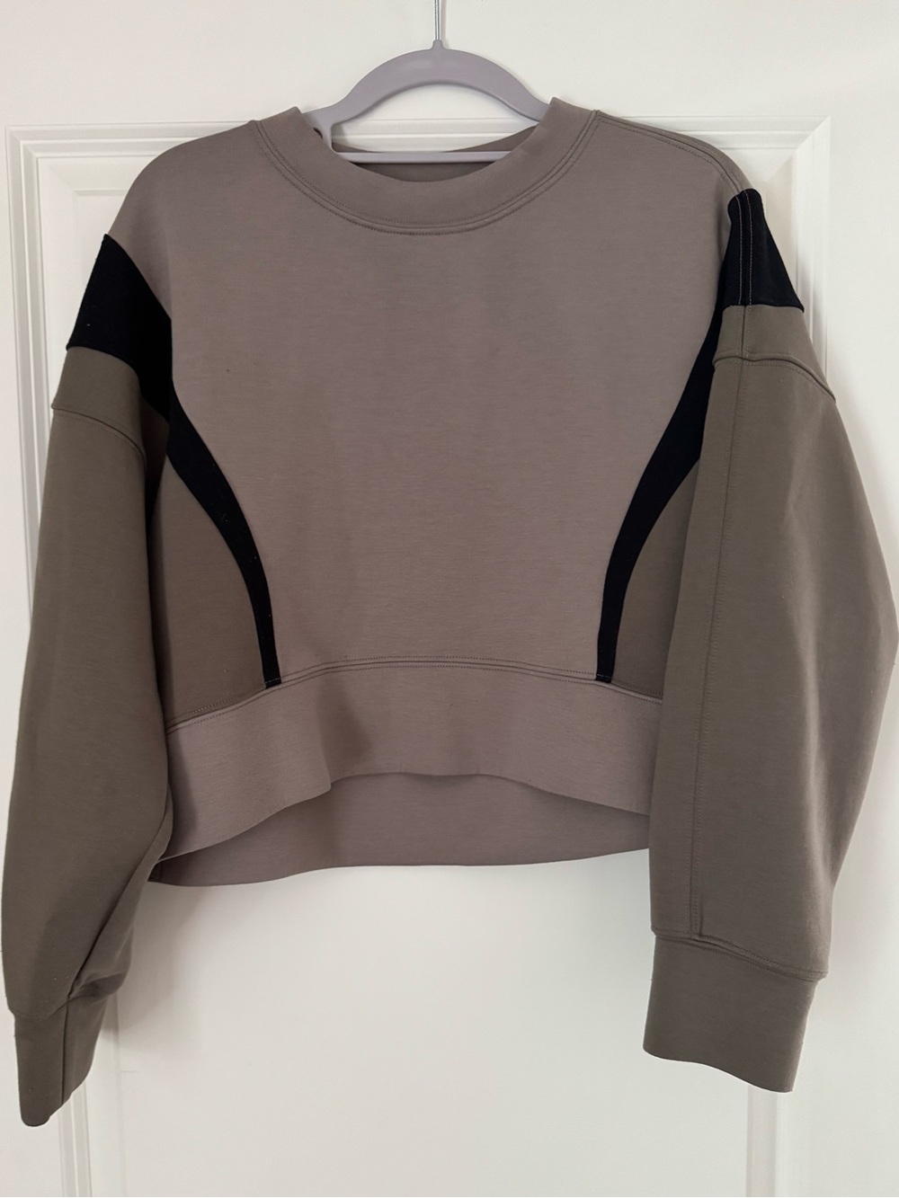 Cropped Crewneck Sweatshirt in Taupe with Black Accents